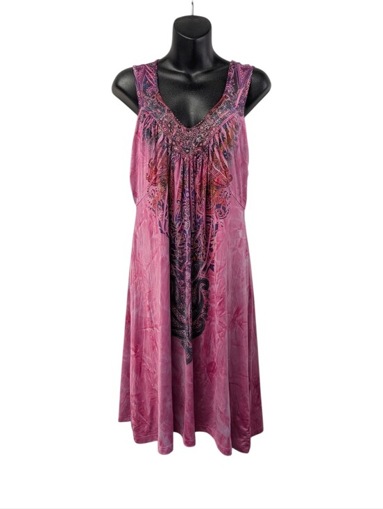 Unity World Wear Dresses & Skirts - Unity World Wear Pink Purple Paisley Beaded Embellished Sleeveless VNeck Dress L